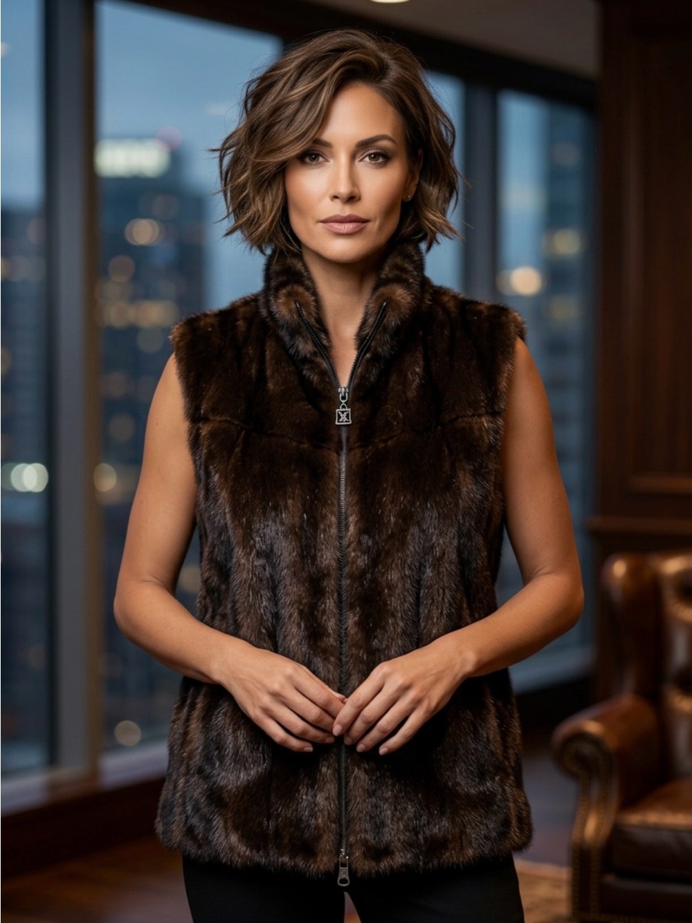 Alpine Studio Faux Mink Fur Zip-Front  Reversible Vest in Dark Brown